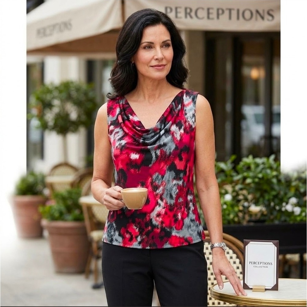 Perceptions New York Red Black Abstract Cowl Draped Neck Sleeveless Top Size 18